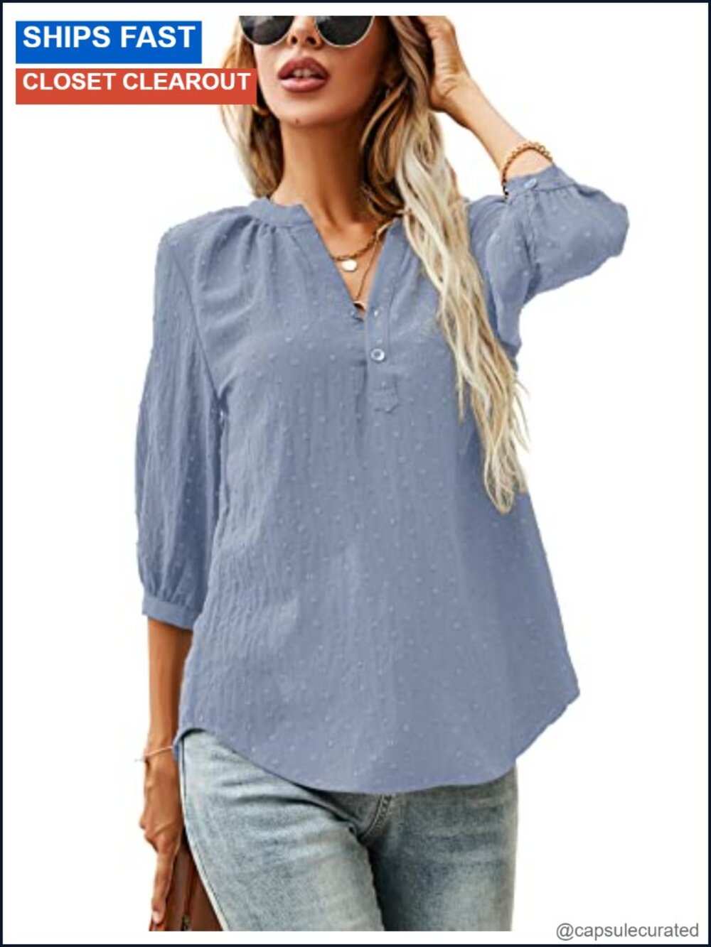 Women's Swiss Dot Henley Blouse 3/4 Sleeve V-Neck Button Up Blouson Top